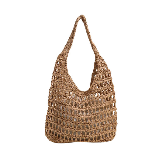 Lattice-patterned straw tote bag