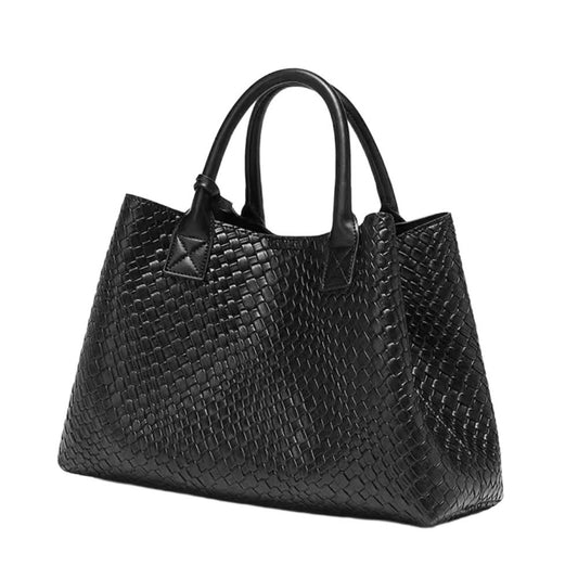 Leather woven basket-shaped handbag